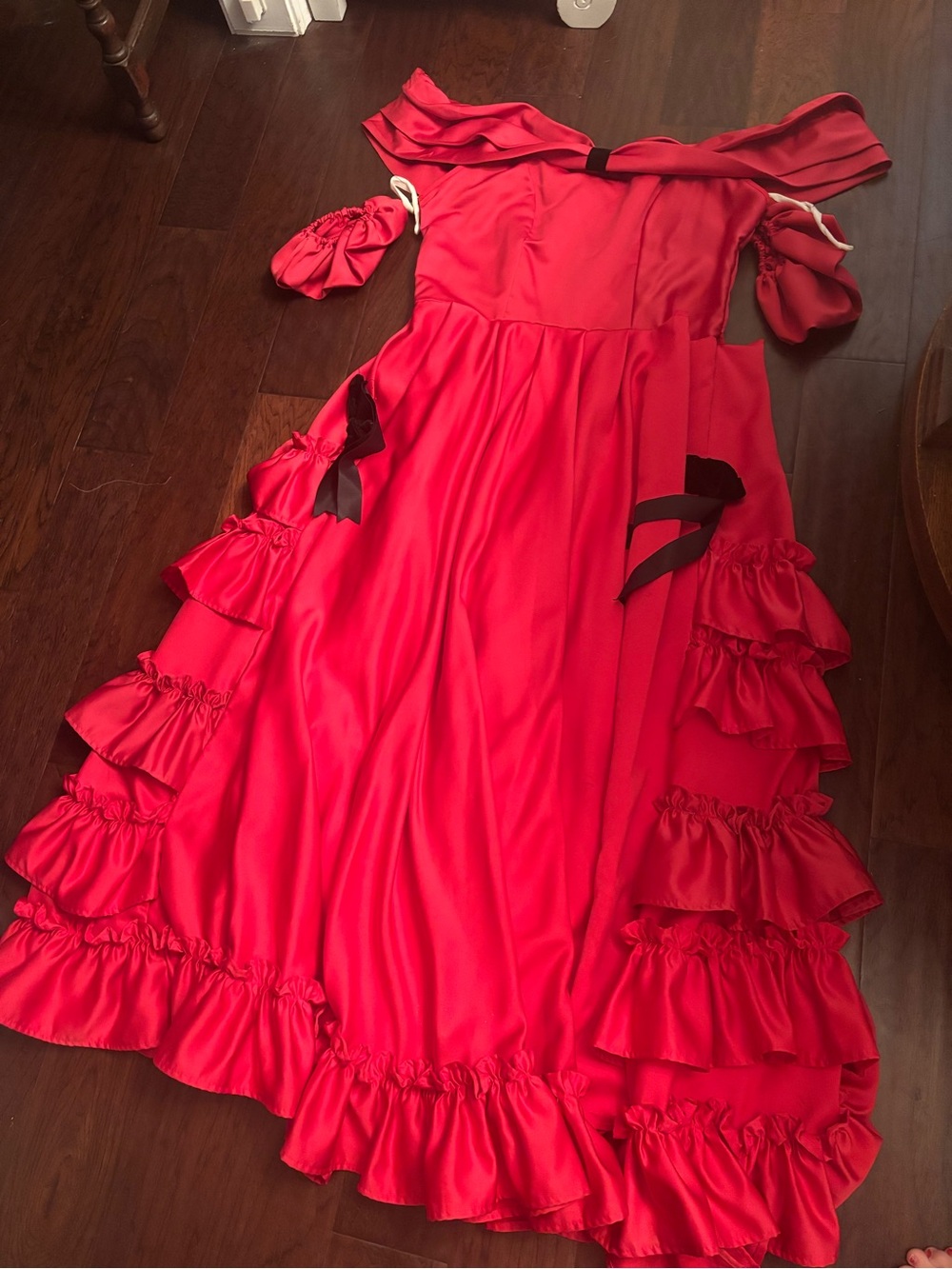 Scarlet Ruffle Formal Dress with Black Bow Accents